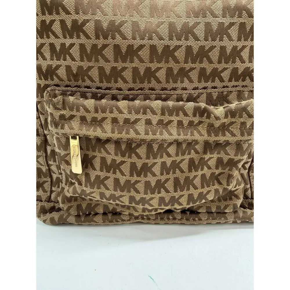 Michael Kors MK Logo Backpack Brown Tan Canvas Leather Trim Small Backpack